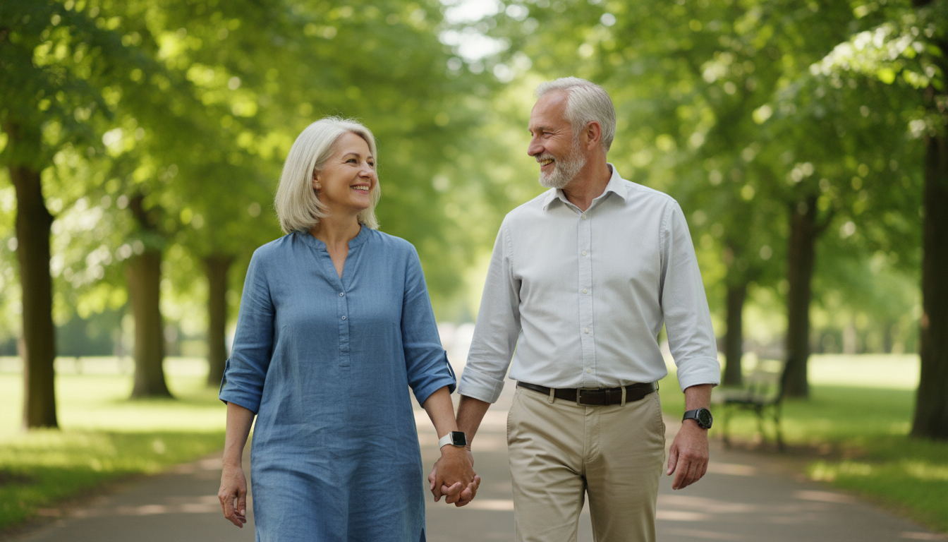 Aktives Seniorenpaar mit Smartwatches beim gemeinsamen Parkspaziergang
