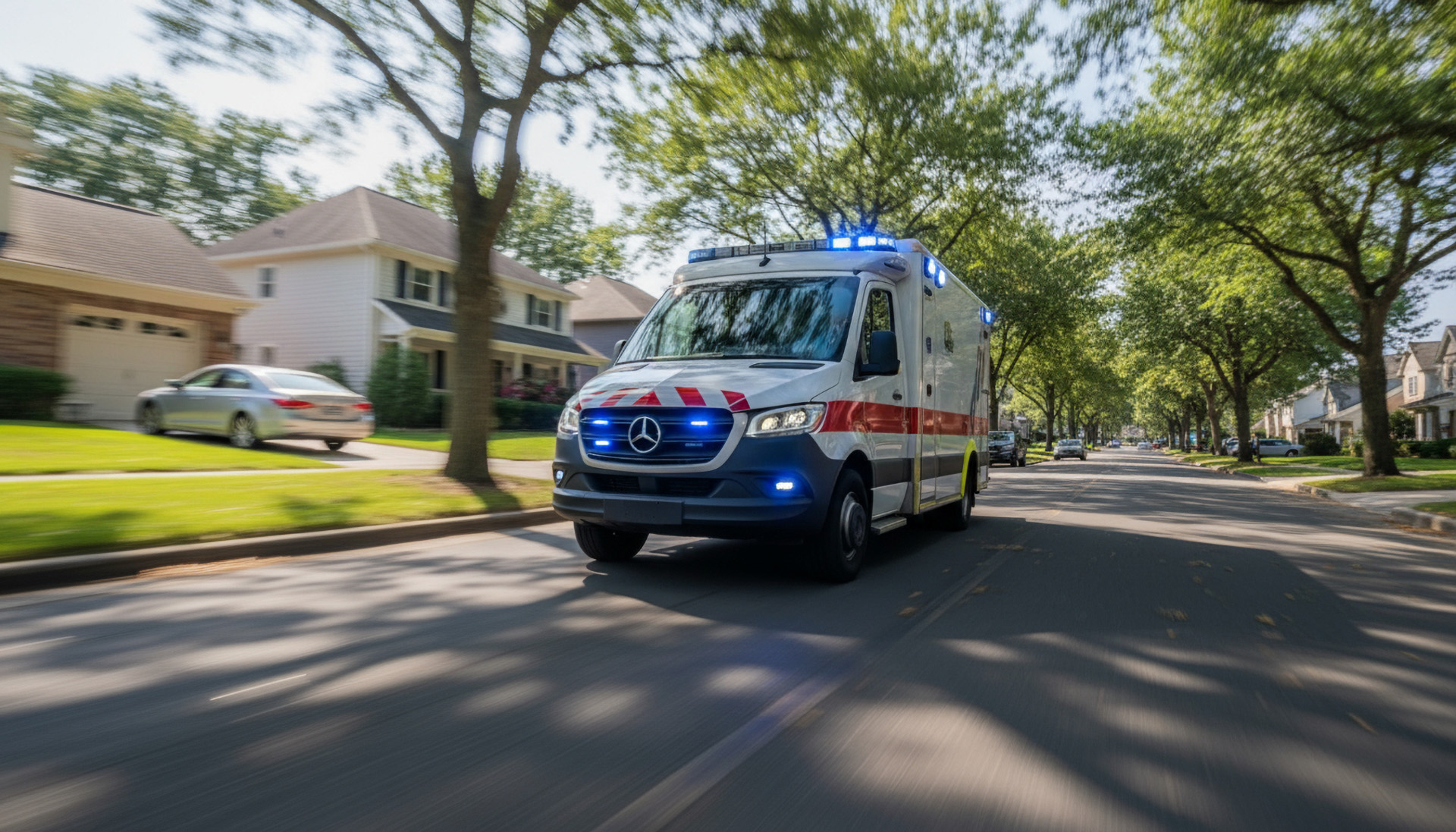 Rettungswagen mit Blaulicht im Einsatz auf Wohnstraße
