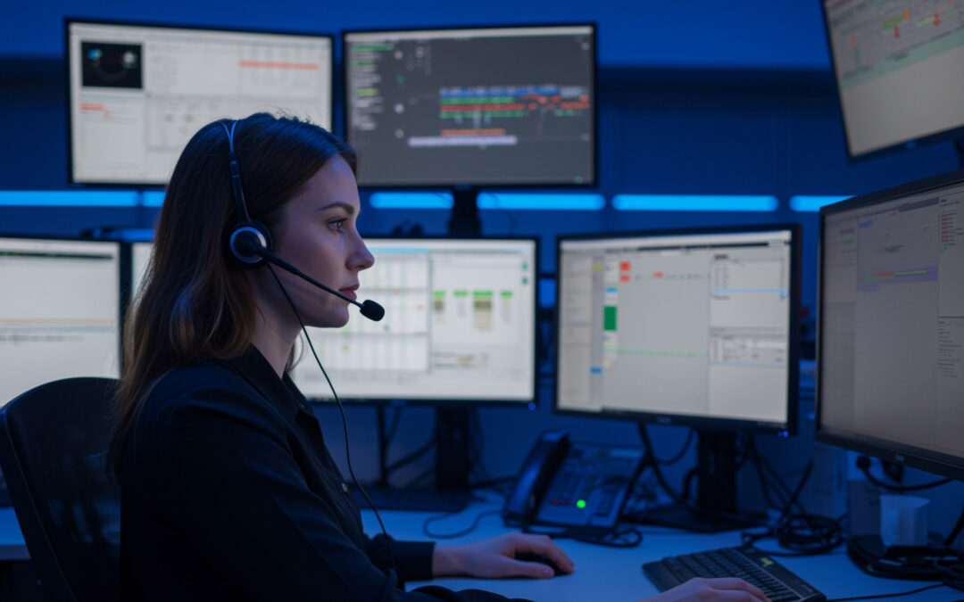 Mitarbeiterin in professioneller Notrufzentrale mit Headset und Monitoren