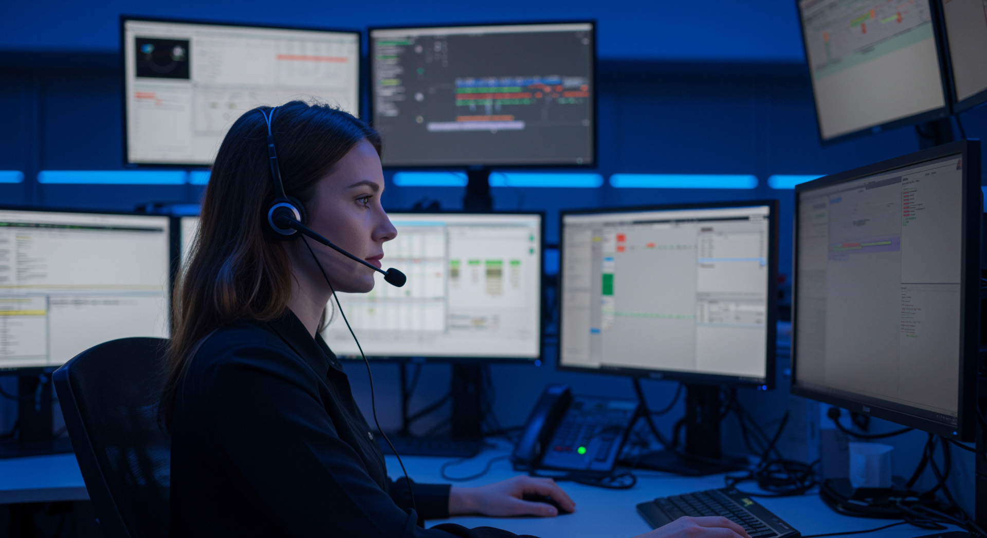 Mitarbeiterin in professioneller Notrufzentrale mit Headset und Monitoren