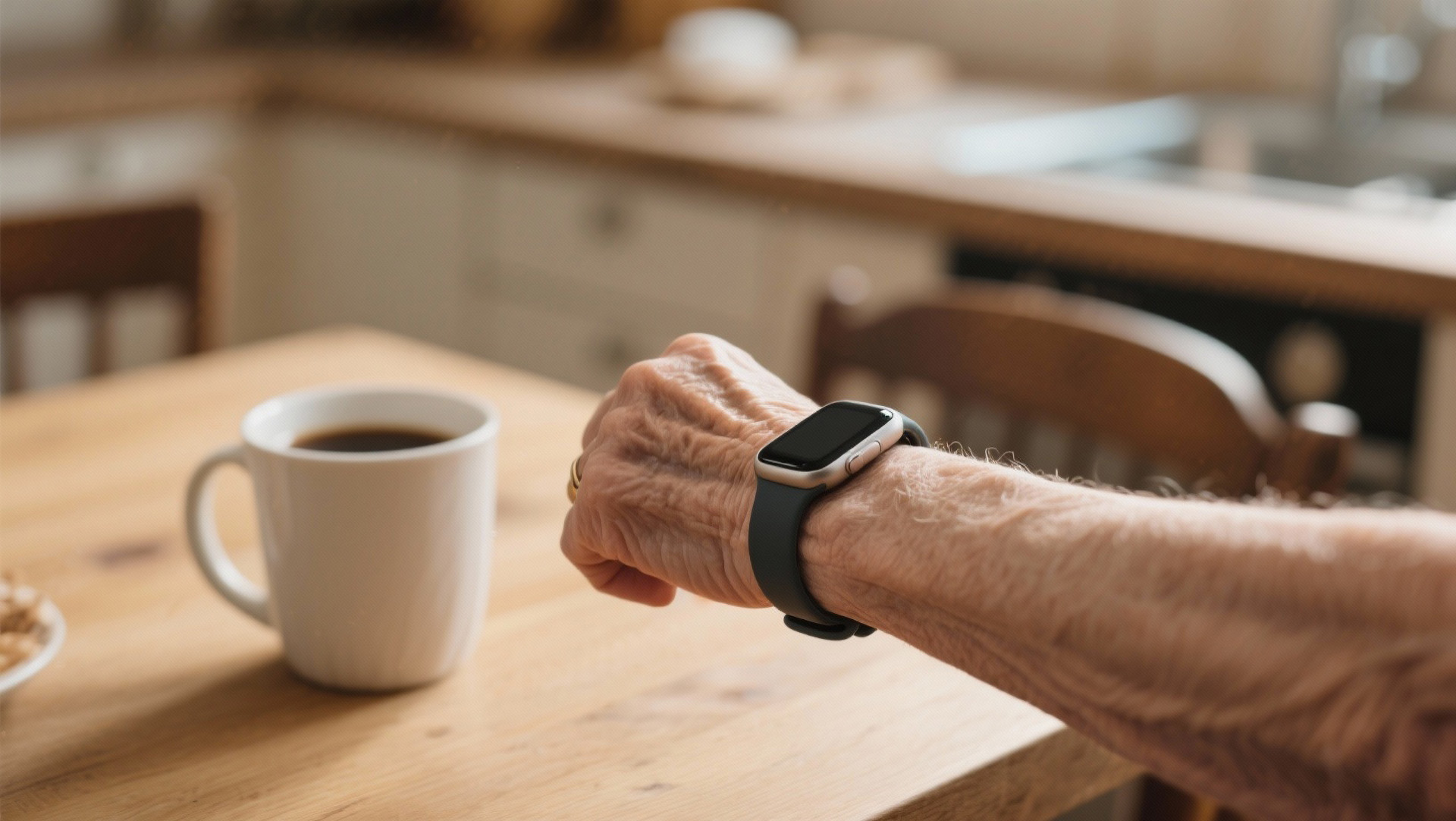 Ältere Person trägt moderne Notrufuhr am Handgelenk beim Kaffeetrinken