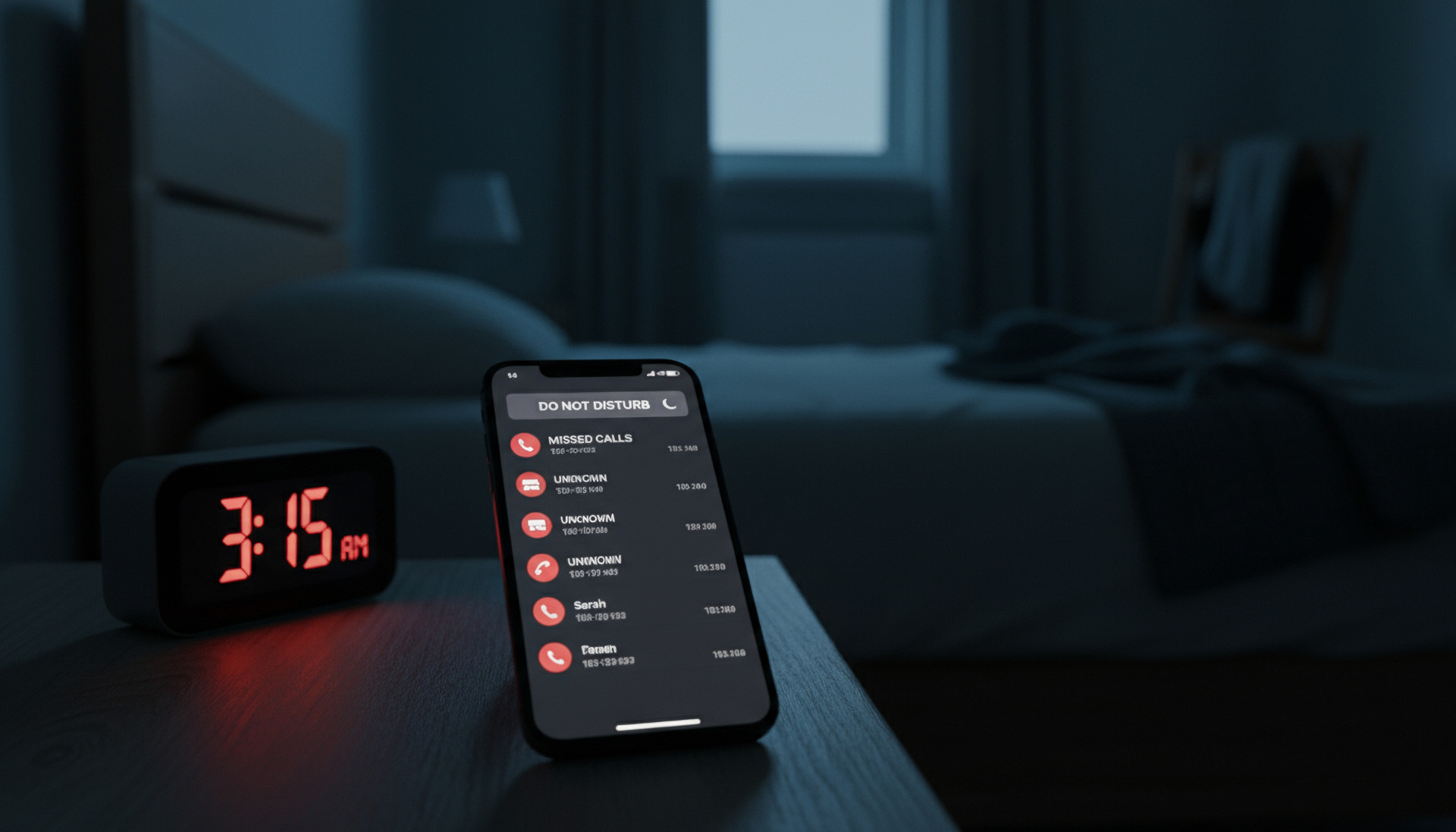 Smartphone mit verpassten Anrufen auf Nachttisch bei Nacht